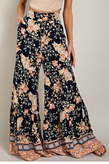 Navy Floral Wide Leg Pants