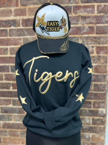 YOUTH LONGHORN- school spirit black sweatshirt with gold puff print