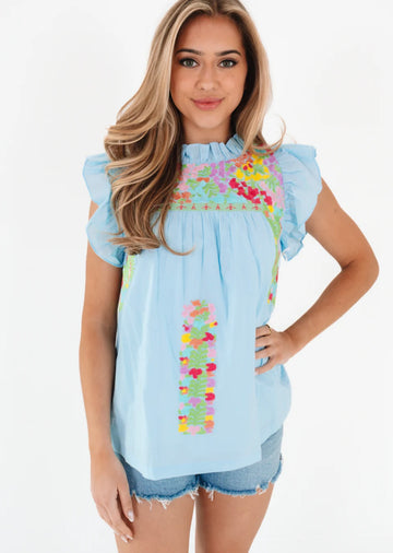 J.Marie Blue Ruffle Neck Top