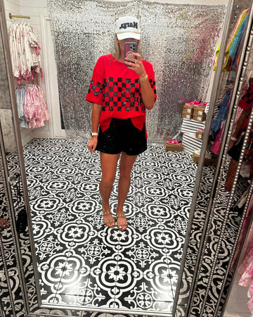 Red Black oversized sequin checker top