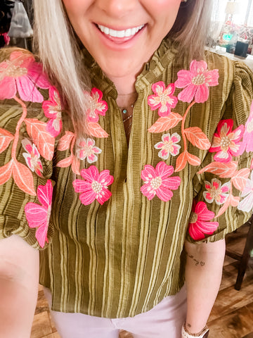 Olive Shimmer embroidered Top