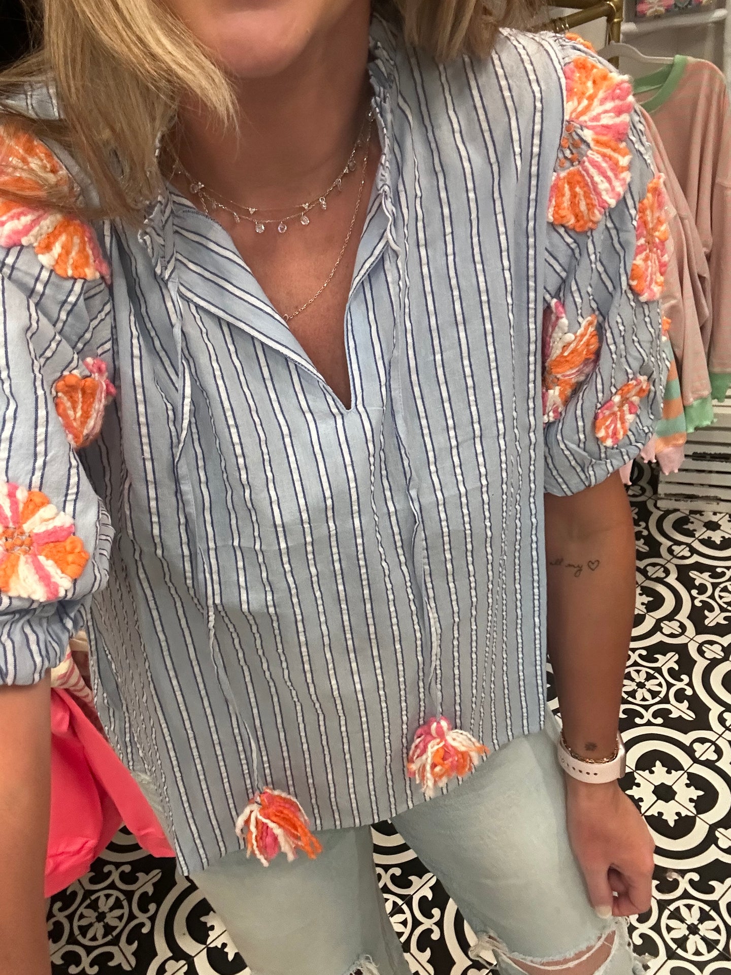 Striped Embroidered Top (blue)