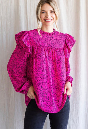 Pink Dotted Ruffle long Sleeve Top