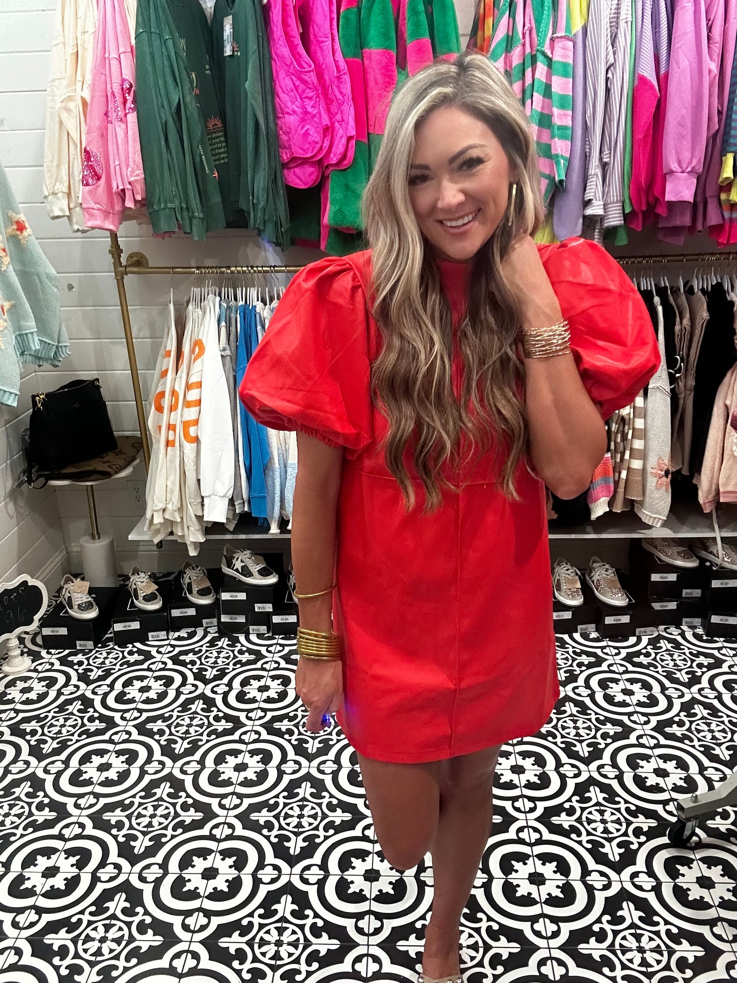 Puff Sleeve Midi Dress RED