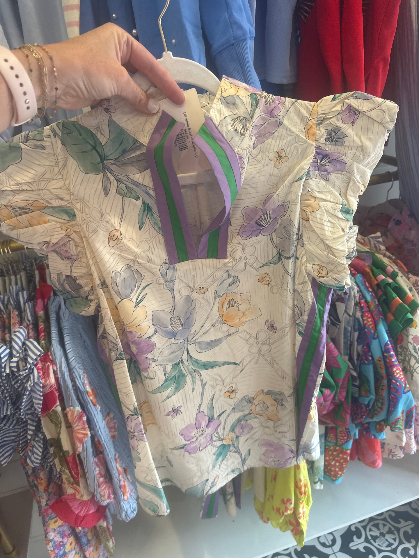 Off white floral w stripes top