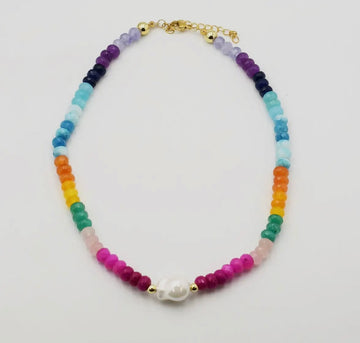 Colorful Gemstone w Pearl Necklace