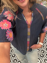 Floral embroidered blue top