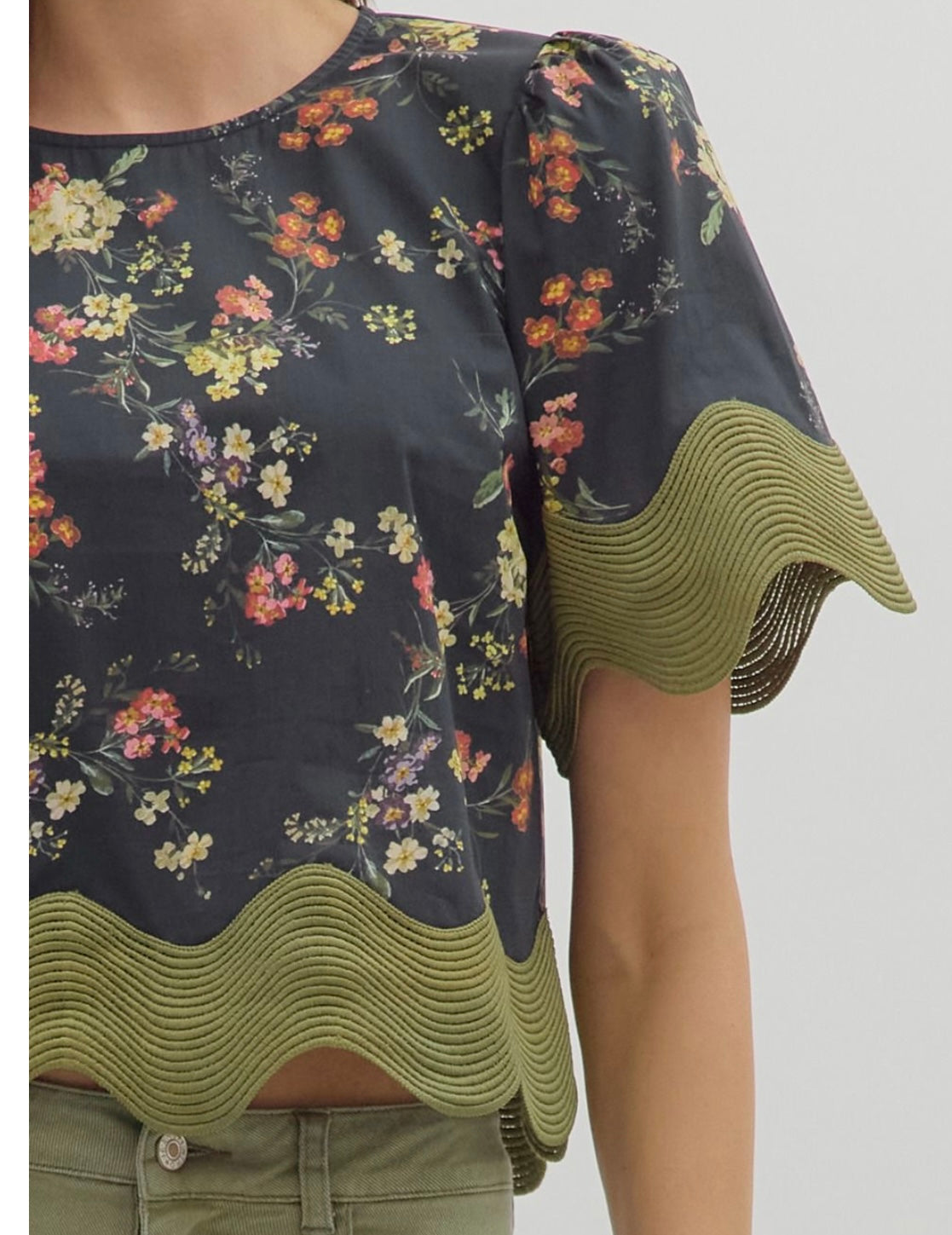 Olive Bloom Scalloped Top