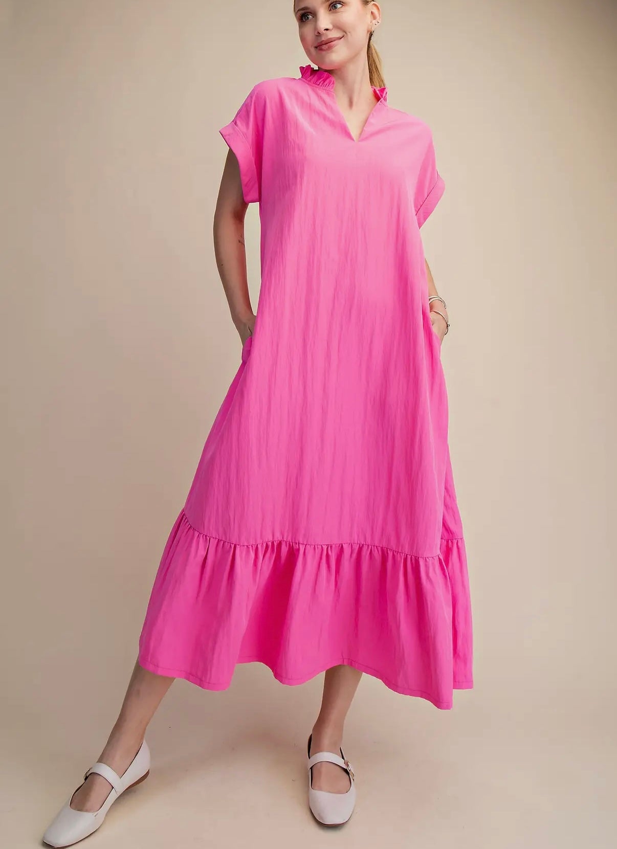 Ruffle Neck Hot Pink Midi Dress