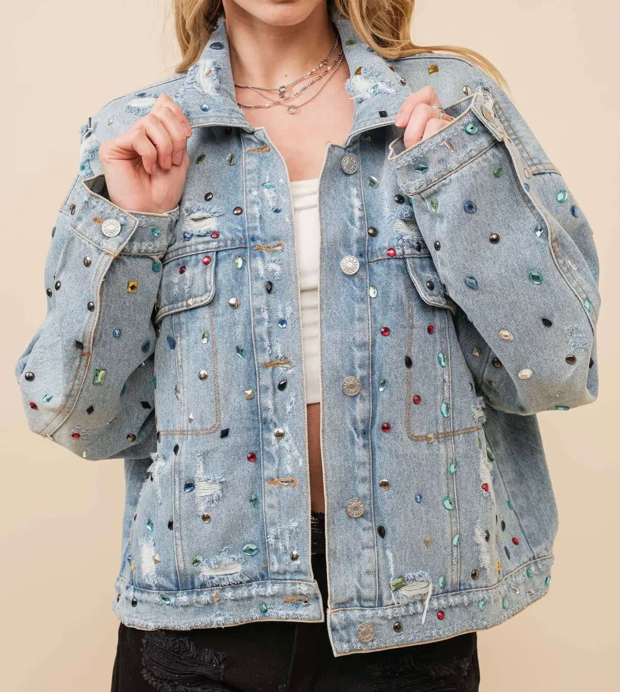 Distressed Denim Jewel Jacket