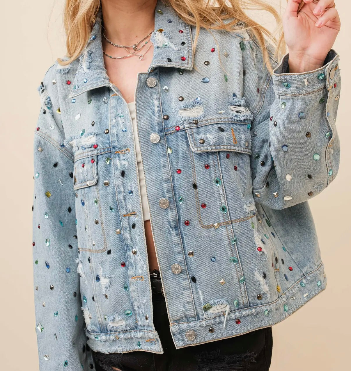 Distressed Denim Jewel Jacket