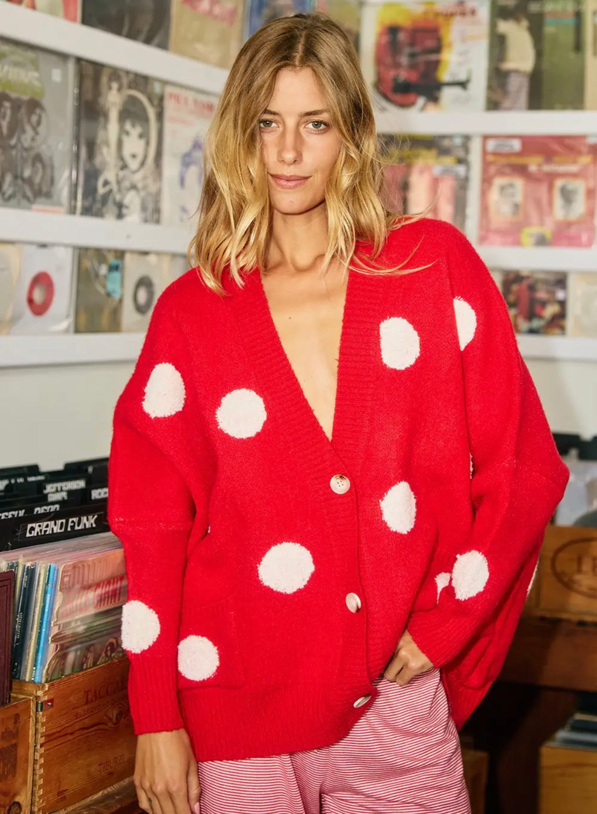 Oversized Polka Dot Cardigan RED