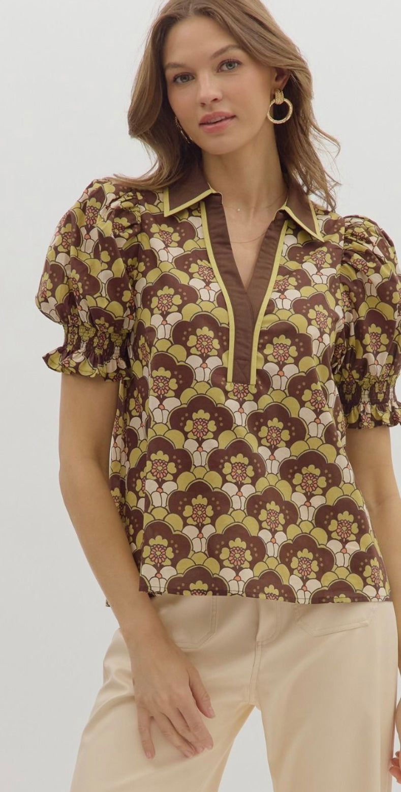 Abstract Floral Puff Sleeve Top