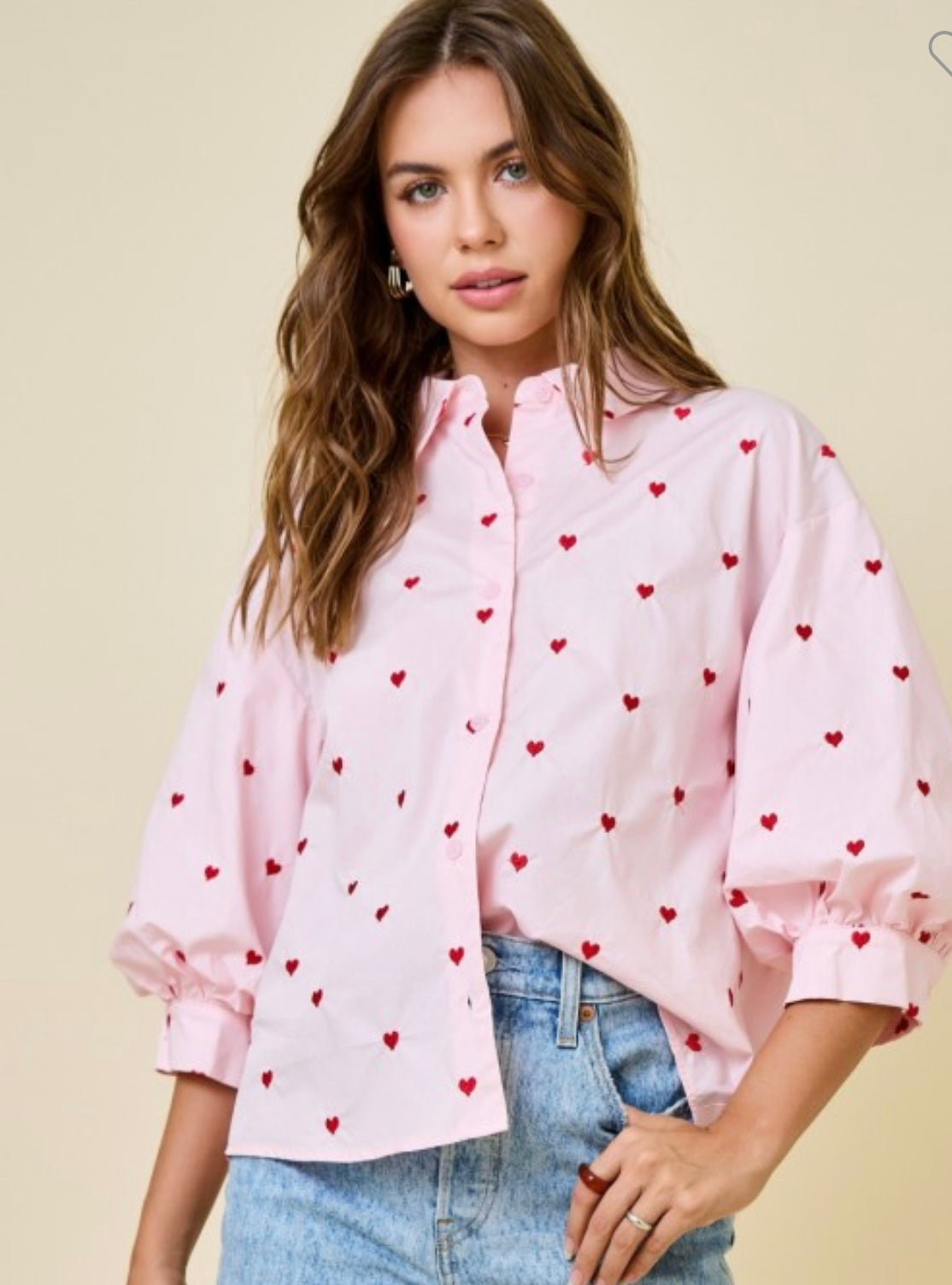 Heart Embroidered Button Down Shirt