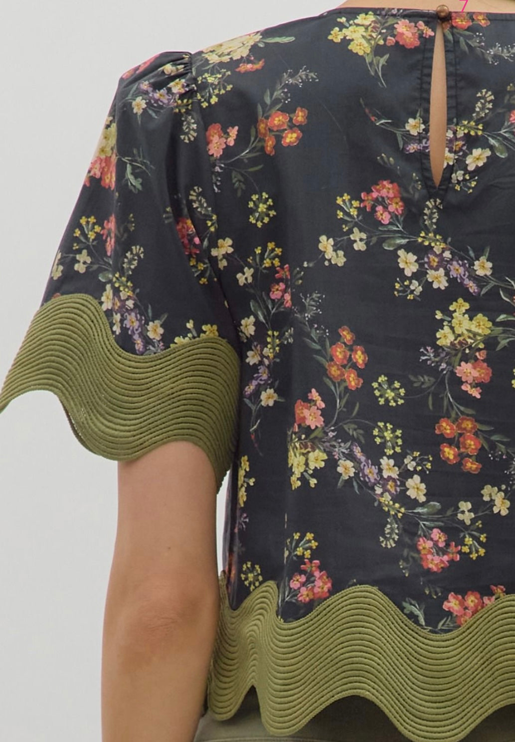 Olive Bloom Scalloped Top