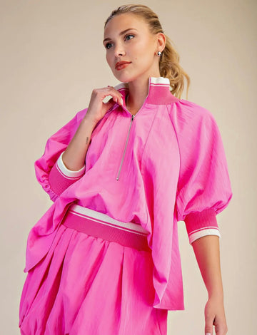 Hot Pink Mock Neck Puff Sleeve Top