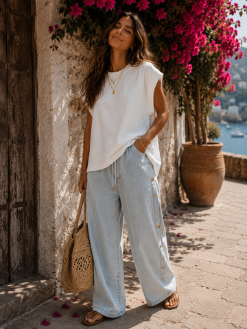 Denim pants w gold buttons