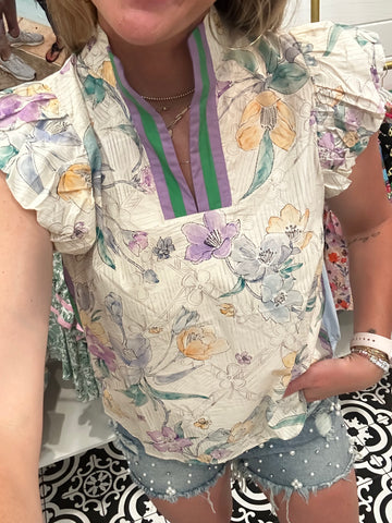 Off white floral w stripes top